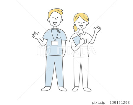 笑顔で手を挙げる若い看護師の男女イラスト単色 139151298