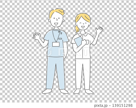 笑顔で手を挙げる若い看護師の男女イラスト単色 139151298