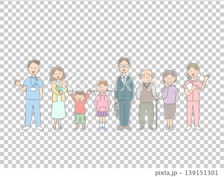 插圖描繪了一個笑容燦爛的三代家庭和一位護士。 插圖描繪了一個笑容燦爛的三代家庭和一位護士。 139151301
