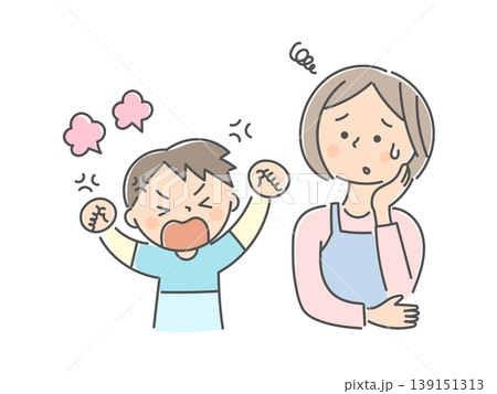 怒っている子供と困っている母親のイラスト 怒っている子供と困っている母親のイラスト 139151313