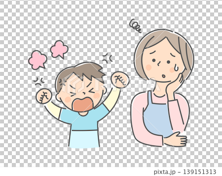 怒っている子供と困っている母親のイラスト 怒っている子供と困っている母親のイラスト 139151313
