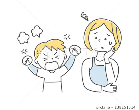 怒っている子供と困っている母親のイラスト単色 怒っている子供と困っている母親のイラスト単色 139151314