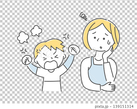 怒っている子供と困っている母親のイラスト単色 怒っている子供と困っている母親のイラスト単色 139151314