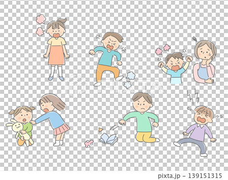一組透過臉部表情和行為描繪兒童壓力和困難的插圖。 一組透過臉部表情和行為描繪兒童壓力和困難的插圖。 139151315