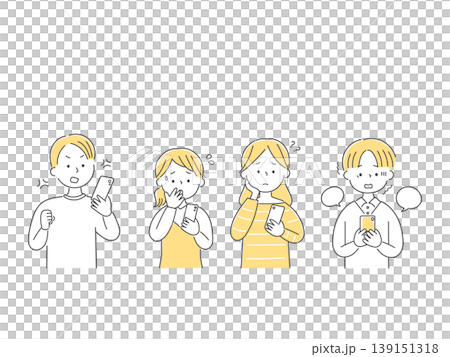 A monochrome illustration of four young men and women struggling with smartphone problems. A monochrome illustration of four young men and women struggling with smartphone problems. 139151318