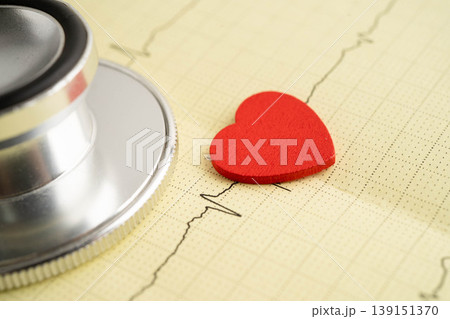 Stethoscope on electrocardiogram ECG, heart wave, heart attack, cardiogram report. 139151370