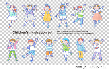 元気な子どもたちの手描きのイラストセット　アナログタッチ 139151460