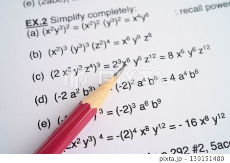Pencil on mathematic formula exercise test paper in education school. Pencil on mathematic formula exercise test paper in education school. 139151480