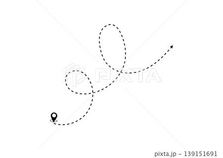 Travel Route With Dotted Flight Path, Location Pin and Curved Arrow Suggesting Journey Direction 139151691