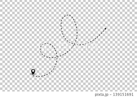 Travel Route With Dotted Flight Path, Location Pin and Curved Arrow Suggesting Journey Direction 139151691