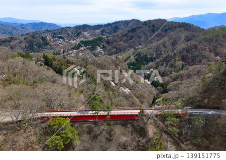 登波離橋(とはりばし)と陸郷桜仙峡の満開の山桜 長野県池田町(ドローンによる空撮) 登波離橋(とはりばし)と陸郷桜仙峡の満開の山桜 長野県池田町(ドローンによる空撮) 139151775