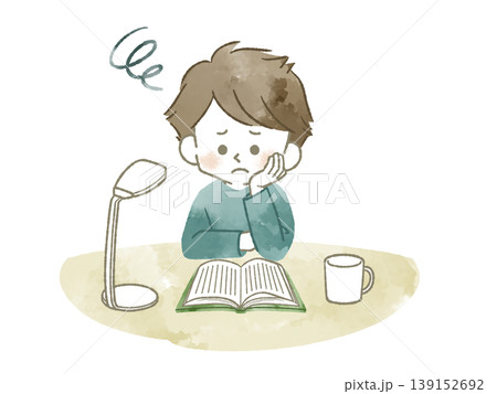 困った表情で本を読んでいる男の子-水彩 困った表情で本を読んでいる男の子-水彩 139152692