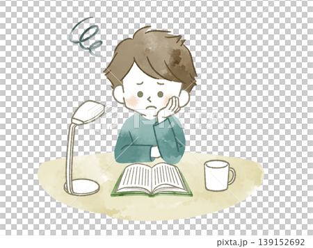 A boy reading a book with a troubled expression - watercolor 139152692