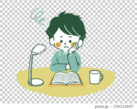 A boy reading a book with a troubled expression - 4 colors A boy reading a book with a troubled expression - 4 colors 139152697