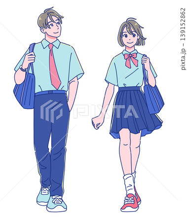 歩く夏の制服姿の男女 アニメタッチ 歩く夏の制服姿の男女 アニメタッチ 139152862