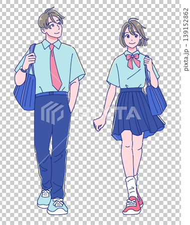 身穿夏季校服的男孩女孩們走路（動漫風格） 139152862