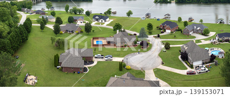 Wealthy residential area in USA suburbs. Rich neighborhood with expensive suburban homes in Kingston, Tennessee 139153071