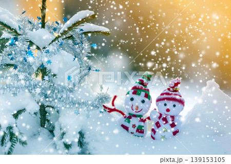 Two small funny toys baby snowman in knitted hats and scarves in deep snow outdoors near pine tree branch. Happy New Year and Merry Christmas greeting card. Two small funny toys baby snowman in knitted hats and scarves in deep snow outdoors near pine tree branch. Happy New Year and Merry Christmas greeting card. 139153105