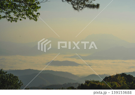 sunrise with moving of cloud and clear sky and layer of mountain 139153688