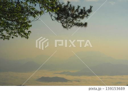sunrise with moving of cloud and clear sky and layer of mountain 139153689