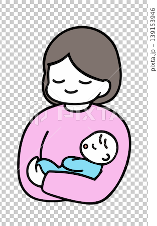 一幅母親抱著嬰兒微笑的插圖。 139153946