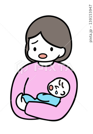 泣いている赤ちゃんを抱っこして困る母親のイラスト 泣いている赤ちゃんを抱っこして困る母親のイラスト 139153947