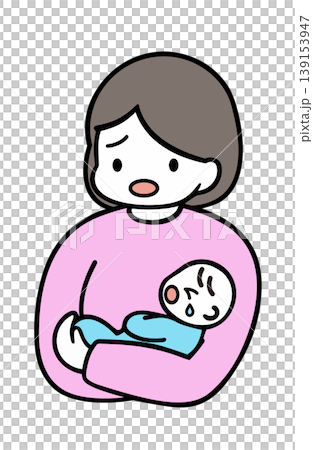 泣いている赤ちゃんを抱っこして困る母親のイラスト 泣いている赤ちゃんを抱っこして困る母親のイラスト 139153947