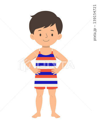 Cute young boy wearing striped summer outfit standing hands on hips 139154721