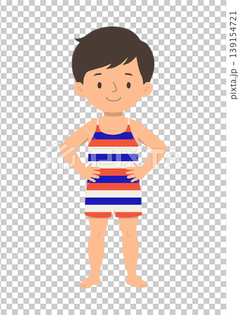 Cute young boy wearing striped summer outfit standing hands on hips 139154721