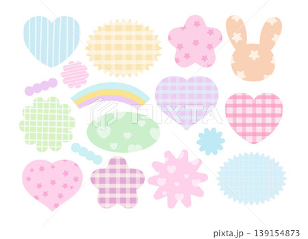 Cute vector illustrations of bunny, rainbow and various shapes such as circle, heart, star, flower for rabbit cartoon, chat box, dialogue, decorations, stickers, patch, brooch, pin, name tag, pattern 139154873