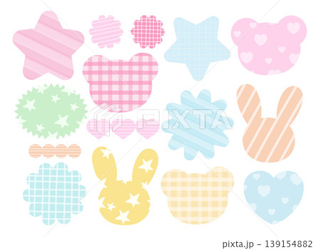 Cute vector illustrations of bunny, teddy bear and various shapes such as circle, heart, star for cartoon, chat box, dialogue, decorations, sticker, patch, brooch, pin, name tag, pattern, animal print Cute vector illustrations of bunny, teddy bear and various shapes such as circle, heart, star for cartoon, chat box, dialogue, decorations, sticker, patch, brooch, pin, name tag, pattern, animal print 139154882