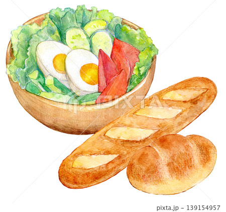 水彩イラスト 野菜サラダとパンのセット 水彩イラスト 野菜サラダとパンのセット 139154957