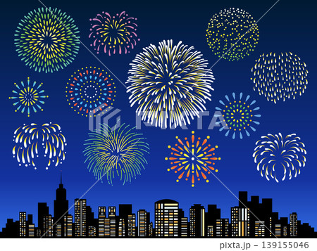 都会の夜景と打ち上げ花火のイラストセット 都会の夜景と打ち上げ花火のイラストセット 139155046