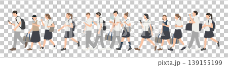 Summer school commute scene: Illustration set of students walking, wearing short-sleeved uniforms and taking precautions against the heat. 139155199