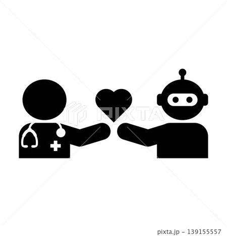 AI and Doctor Care Support Icon, Human doctor and AI robot with heart symbol representing patient care and medical support. AI and Doctor Care Support Icon, Human doctor and AI robot with heart symbol representing patient care and medical support. 139155557