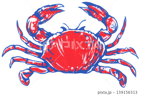 Preppy crab illustration set in red blue and white style, hand drawn marine animal with claw legs outline sketch, coastal beach summer nautical ocean theme, retro graphic decor. 139156313