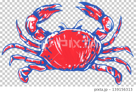 Preppy crab illustration set in red blue and white style, hand drawn marine animal with claw legs outline sketch, coastal beach summer nautical ocean theme, retro graphic decor. 139156313
