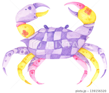 Watercolor crab preppy illustration set, cute marine animal with playful pattern design, coastal beach summer ocean nautical vibe. 139156320
