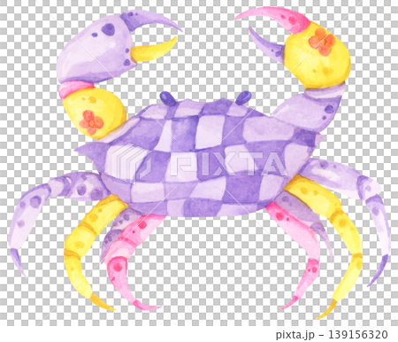 Watercolor crab preppy illustration set, cute marine animal with playful pattern design, coastal beach summer ocean nautical vibe. 139156320