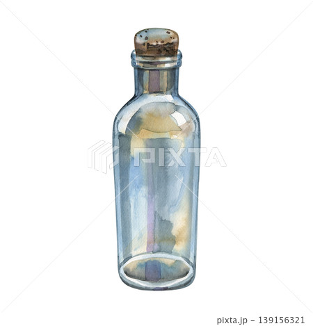 Hand drawn watercolor illustration of an empty vintage apothecary bottle. Tall, transparent blue glass vessel. Perfect for pharmaceutical, historical, or magical-themed clipart and stationery designs. Hand drawn watercolor illustration of an empty vintage apothecary bottle. Tall, transparent blue glass vessel. Perfect for pharmaceutical, historical, or magical-themed clipart and stationery designs. 139156321