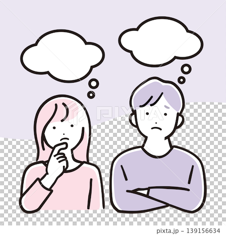 一幅簡單的彩色插圖,描繪了一個心事重重的女人和一個男人。 一幅簡單的彩色插圖,描繪了一個心事重重的女人和一個男人。 139156634