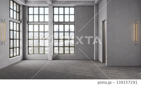 Empty industrial loft interior with large grid windows, concrete walls and floor Empty industrial loft interior with large grid windows, concrete walls and floor 139157291