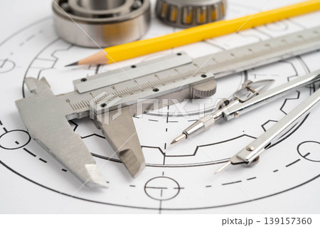 Engineering and precision tools with metal ball bering, mechanical industrial. 139157360