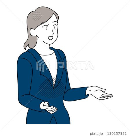 手のひらで説明する笑顔の女性ビジネスパーソン 手のひらで説明する笑顔の女性ビジネスパーソン 139157531