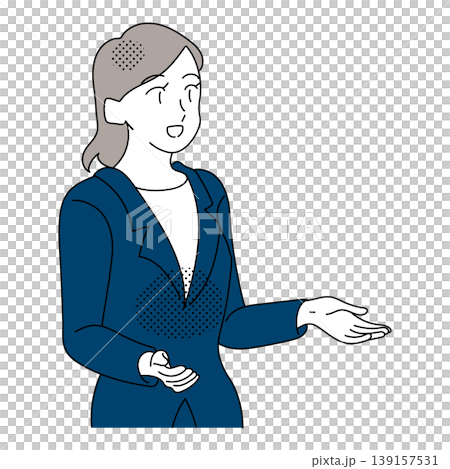 A smiling female businessperson explains using her palm. A smiling female businessperson explains using her palm. 139157531