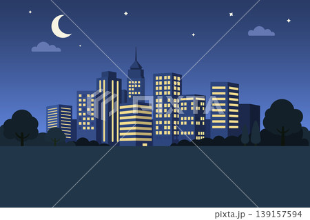Modern city skyline at night with glowing windows, crescent moon and stars vector illustration. Modern city skyline at night with glowing windows, crescent moon and stars vector illustration. 139157594