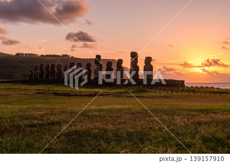 Majestic ancient moai statue stands peaceful at sunrise on easter island chile 139157910