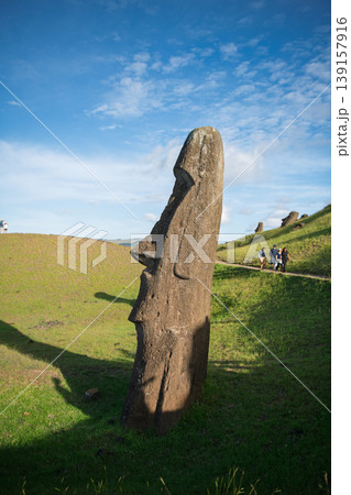 Stoic moai statue stands calmly on easter island in chile under blue sky 139157916