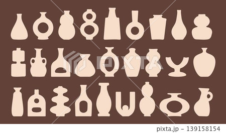 Big set of abstract vase silhouettes in brown. Various modern, geometric pottery designs. Cozy home decor handmade boho 139158154