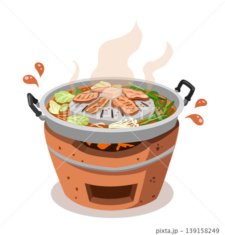 Traditional Thai BBQ (Moo Krata) with sliced pork, vegetables and soup on charcoal stove, vector illustration. Traditional Thai BBQ (Moo Krata) with sliced pork, vegetables and soup on charcoal stove, vector illustration. 139158249